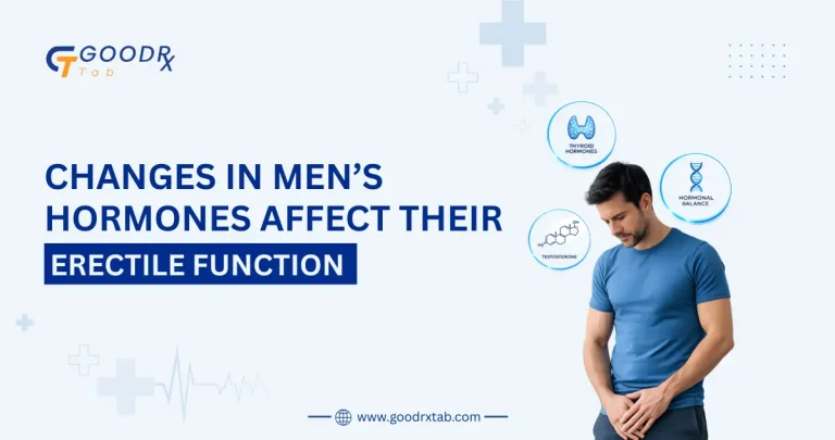 Professional medical illustration showing hormonal changes in men affecting erectile function, featuring a mature man with hormone balance icons, testosterone symbols, reproductive health graphics, and healthcare elements related to erectile dysfunction.