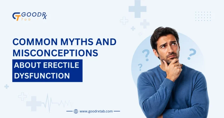 Medical illustration showing common myths and facts about erectile dysfunction, featuring a confident man with healthcare icons, myth versus fact symbols, and educational elements promoting awareness of ED and men's sexual health.