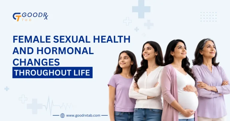 Professional medical illustration showing a woman's hormonal health journey through puberty, reproductive years, pregnancy, perimenopause, and menopause, highlighting female sexual health, hormone balance, and overall well-being.