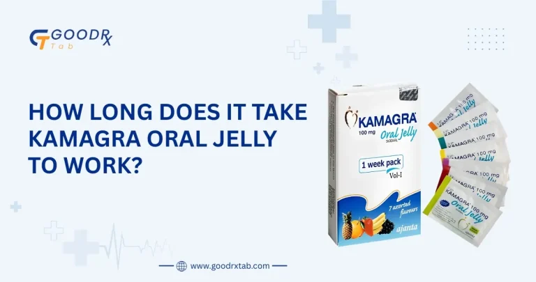 Kamagra Oral Jelly sachet with clock illustration showing how quickly sildenafil starts working for erectile dysfunction treatment