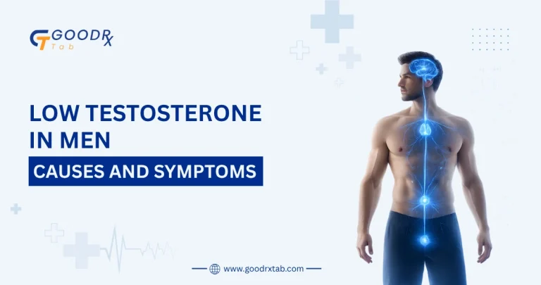 Illustration of a man experiencing common low testosterone symptoms, including fatigue, low energy, reduced muscle mass, and mood changes.