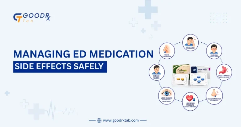 Professional medical illustration showing ED medications with common side effects, healthcare consultation, and safe medication management for erectile dysfunction treatment and men's sexual health.