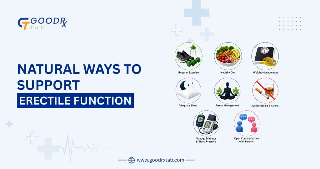 Professional medical illustration showing natural ways to support erectile function through regular exercise, a balanced diet, quality sleep, stress management, and healthy lifestyle habits for men's sexual health.