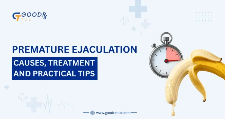 Professional medical illustration showing premature ejaculation causes, treatment options, stress management, communication, and men's sexual health awareness with a healthcare-focused design.
