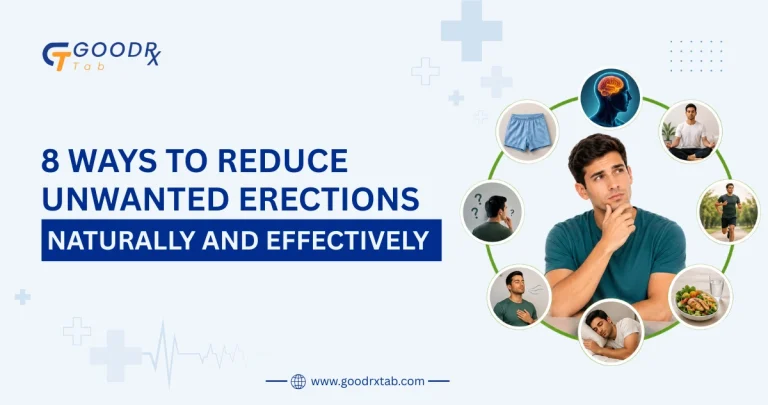 Medical illustration showing natural ways to reduce unwanted erections, including stress management, breathing exercises, physical activity, loose clothing, and healthy lifestyle habits for male sexual health.