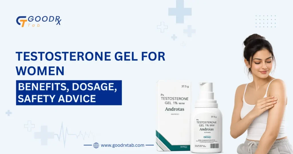 Professional medical illustration showing a woman with testosterone gel and healthcare guidance, highlighting hormone therapy, dosage recommendations, safety advice, and women's hormonal health.