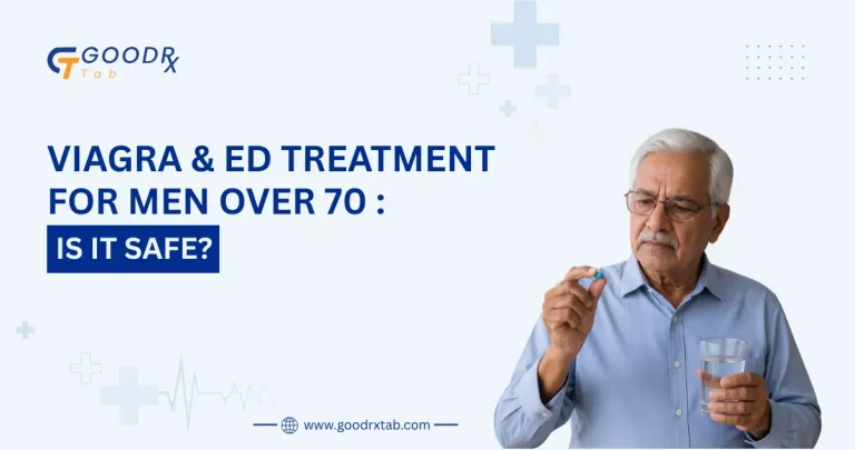 Professional medical illustration showing an older man discussing Viagra and erectile dysfunction treatment with a healthcare professional, highlighting safe ED treatment, aging men's health, medication guidance, and sexual wellness.