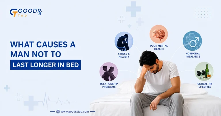 Healthcare illustration showing a thoughtful adult man with medical icons representing common physical and psychological causes of reduced sexual stamina