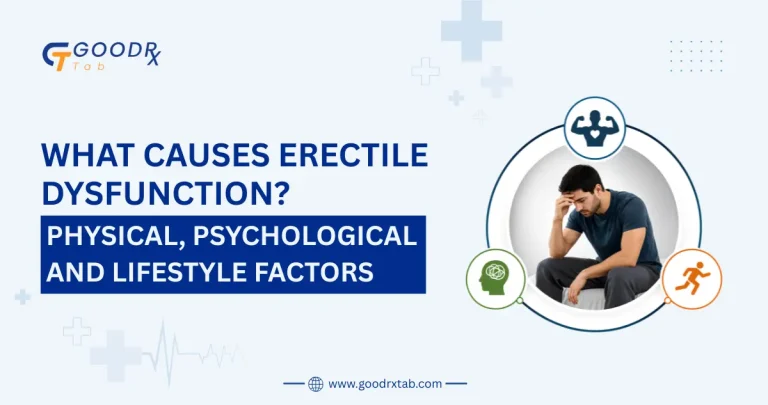 Professional medical illustration showing the causes of erectile dysfunction including physical health conditions, psychological factors, stress, lifestyle habits, and men's sexual health awareness.